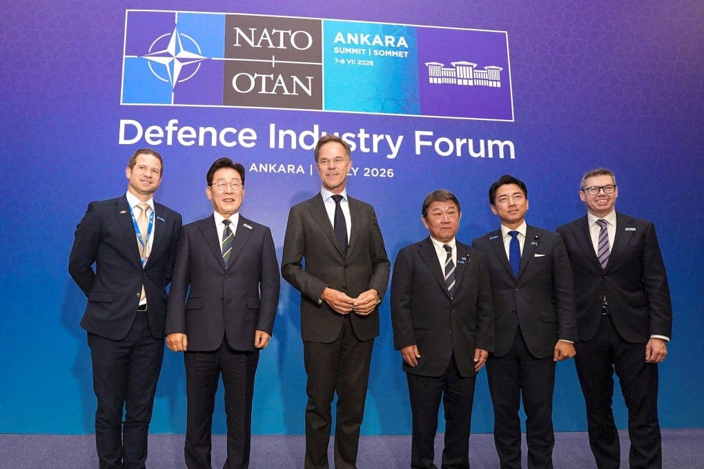 Nato Secretary General Mark Rutte (third left) with representatives from the Indo-Pacific Four, (from left) New Zealand Defence Minister Chris Penk, South Korean President Lee Jae Myung, Japanese Foreign Minister Toshimitsu Motegi and Defence Minister Shinjiro Koizumi, and Australia’s defence industry minister, Pat Conroy, in Turkish capital Ankara on Tuesday. Photo: Kyodo Nato Secretary General Mark Rutte (third left) with representatives from the Indo-Pacific Four, (from left) New Zealand Defence Minister Chris Penk, South Korean President Lee Jae Myung, Japanese Foreign Minister Toshimitsu Motegi and Defence Minister Shinjiro Koizumi, and Australia’s defence industry minister, Pat Conroy, in Turkish capital Ankara on Tuesday. Photo: Kyodo