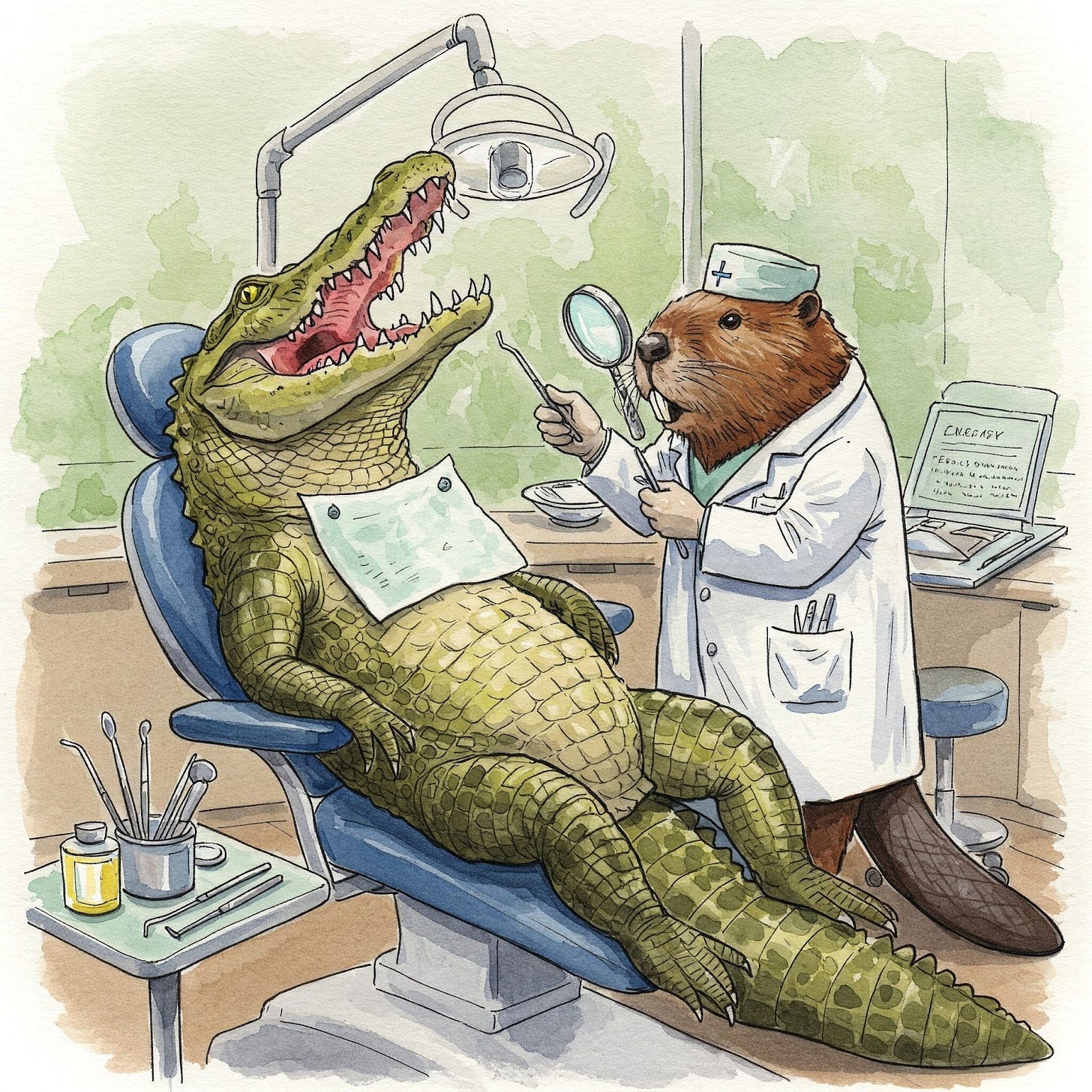 Image of a gator at his American beaver dentist during an exam to fix his broken teeth.