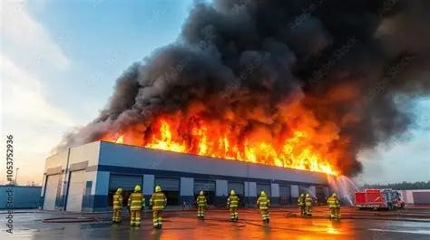 Heroic team of firefighters in protective gear courageously working to ...