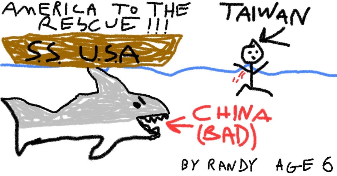 child's drawing of a shark and a boat and a person in the water