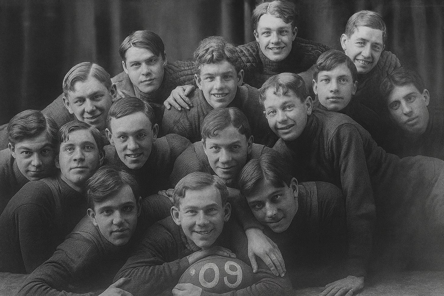 Image of boys laying in a pile for a sports team photograph