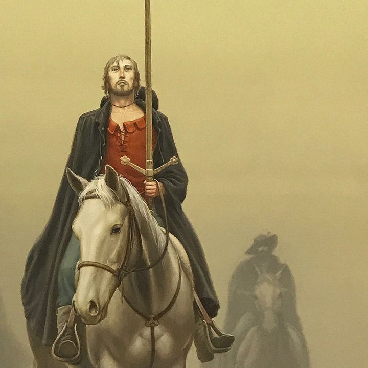 LEFT: Detail from AT THE EDGE featuring a weary rider atop a white horse flanked by two companions as they exit a sandy haze. To the left with arm extended, a cloaked rider holds up what appears to be a long cudgel. His horse cocks its head as the man grasps the reins with one hand. The companion opposite wears a tilted, wide brimmed hat and keeps both hands on the reins. RIGHT: Figure detail from AT THE EDGE featuring a rider atop a white horse. The strap of the reins crosses over the top of his grip as he rests the pommel of his long wooden sword on the neck of his mount. His blonde hair is matted to his forehead. A thin beard frames the downturned slit of his mouth. As if searching for something in the distance, his head is up but dark lines under his eyes speak to the weariness of too long travel. He wears a simple russet shirt corded at the front and a black cloak. His hat has fallen to his back, held by a string across his neck. The horse angles its head to the left giving the impression that it is guiding itself.