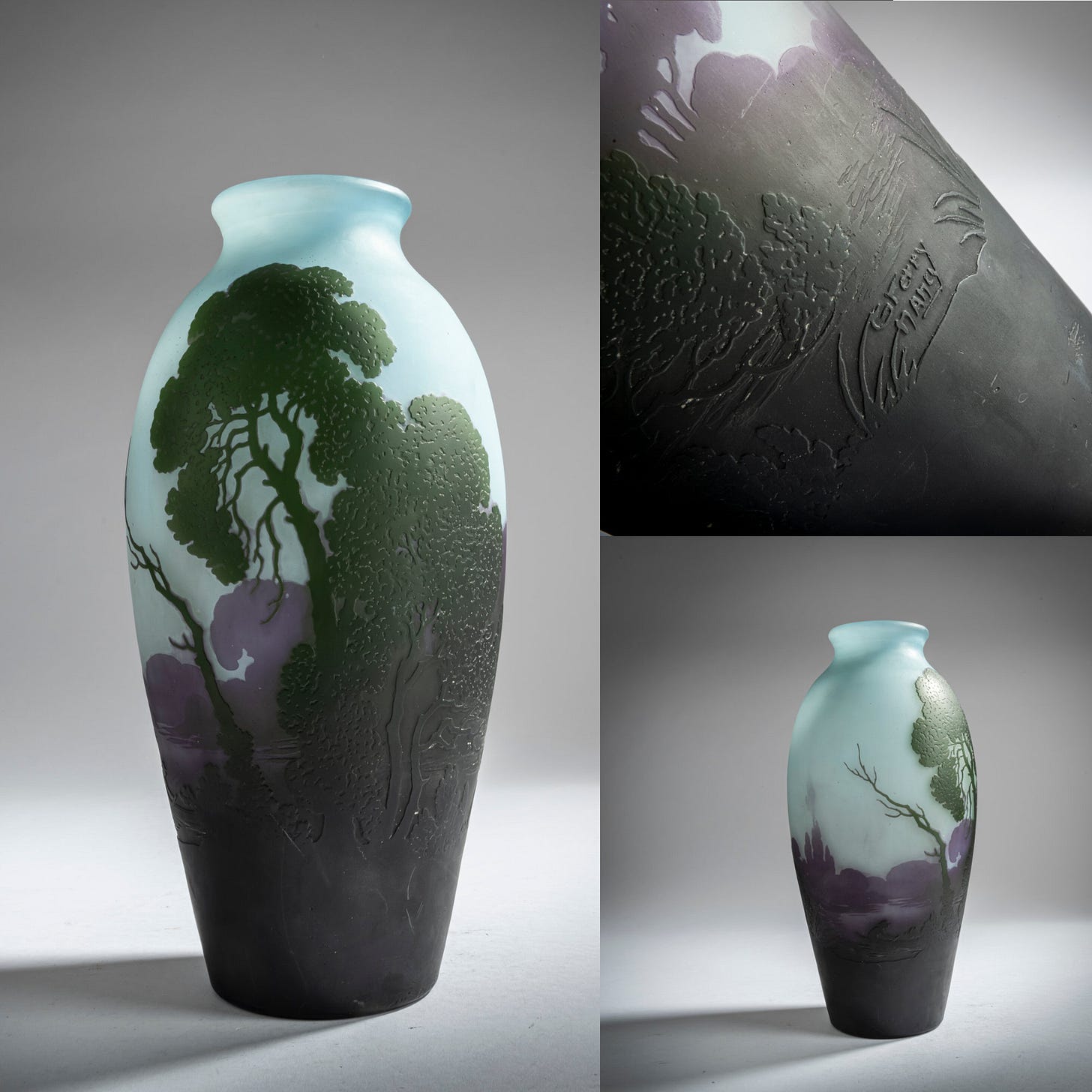 Georges Ferry, River landscape, acid etched cameo glass, 30.2 cm H., ©QUITTENBAUM Kunstauktionen GmbH, 2021 München. Georges Ferry, River landscape, acid etched cameo glass, 30.2 cm H., ©QUITTENBAUM Kunstauktionen GmbH, 2021 München.