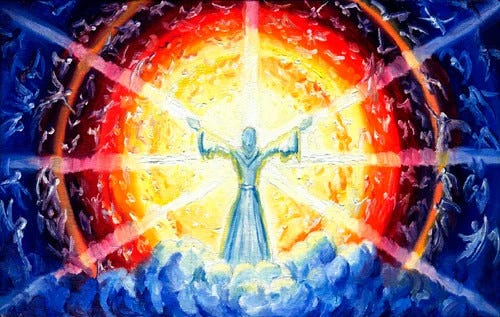 "The Music of the Ainur" by Jef Murray. At the center of a rainbow sunburst stands Eru, the God of Tolkien's Silmarillion, with arms outstretched. His robed figure is surrounded by rotating circles of angelic beings singing the world into being.