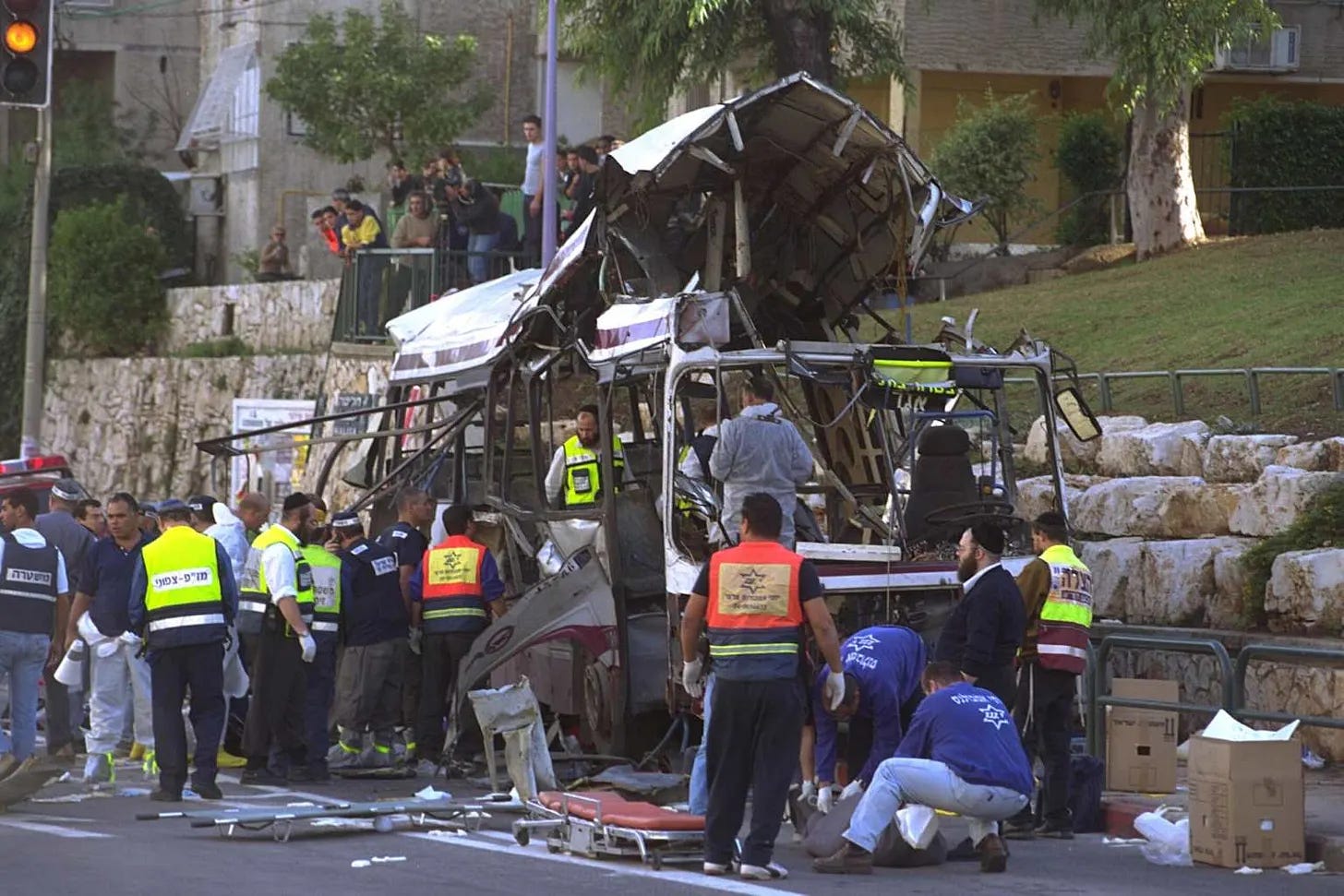 A bus in Haifa after a suicide bombing that killed 8 people on 10 April 2002.