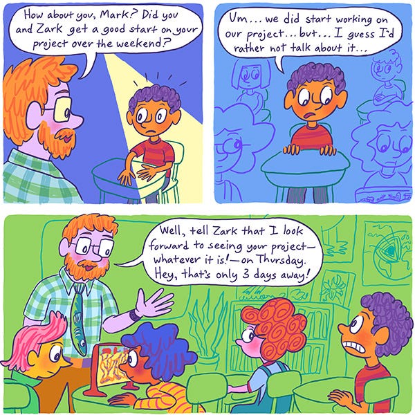 The science teacher with a beard asks Mark the purple haired kid if he had a good start to the project over the weekend. Mark is under a spotlight at his desk. He looks scared. He says that he does but he sounds uncertain. The science teacher says it is only 3 days away. Mark grimaces. The other kids seem fine but one named Marcia looks back at Mark.
