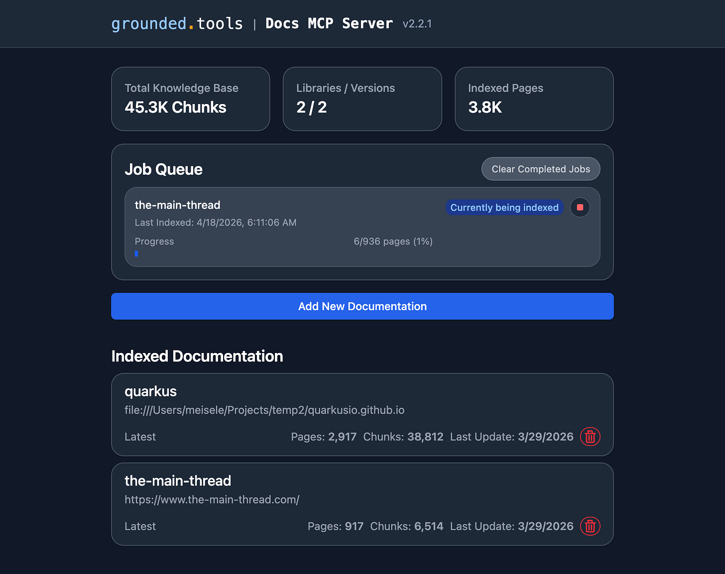 Screenshot from my local Grounded Docs installation with Quarkus and Main Thread Buckets