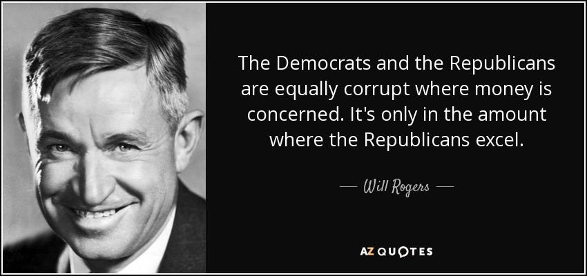 Will Rogers quote: The Democrats and the Republicans are equally corrupt where money... Will Rogers quote: The Democrats and the Republicans are equally corrupt where money...
