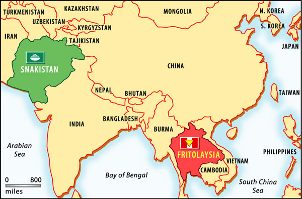 A map of Central and Eastern Asia, with Pakistan replaced by Snakistan and Malaysia replaced by Fritolaysia.