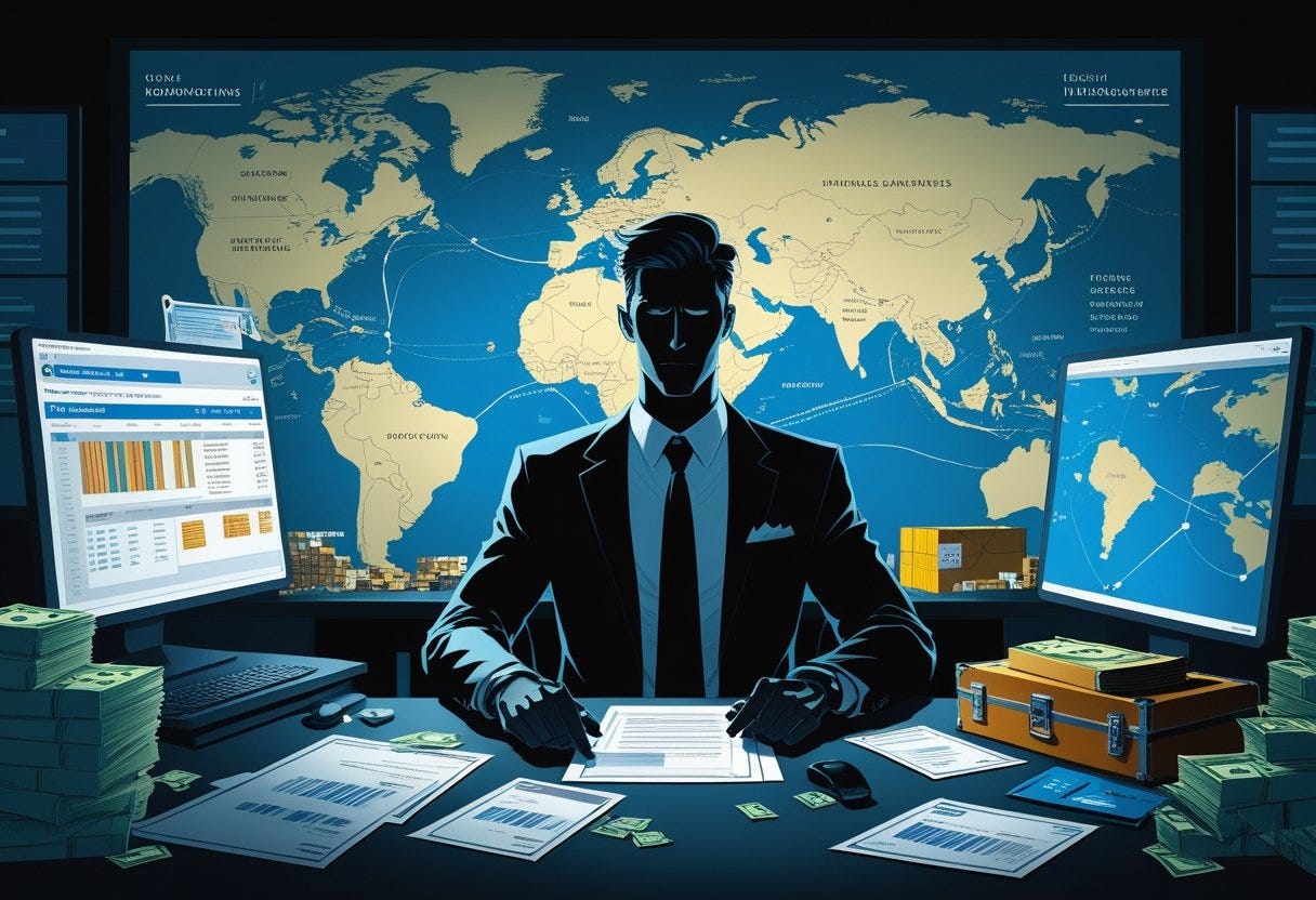 A person in a business suit sits at a desk with shipping documents and computer screens showing global shipping routes, with a world map in the background, suggesting deceptive activity in international logistics. A person in a business suit sits at a desk with shipping documents and computer screens showing global shipping routes, with a world map in the background, suggesting deceptive activity in international logistics.