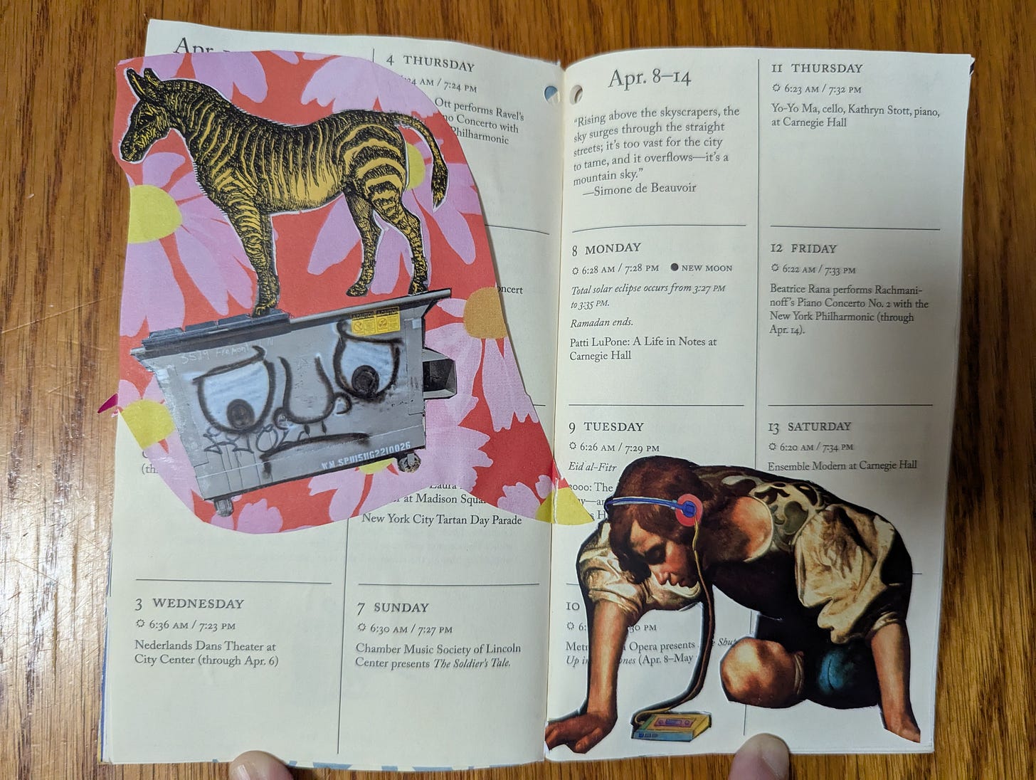 Image of collage artwork featuring a classic painting of a woman wearing ear phones, a dumpster with a smile, and a zebra on two pages with text across the background.
