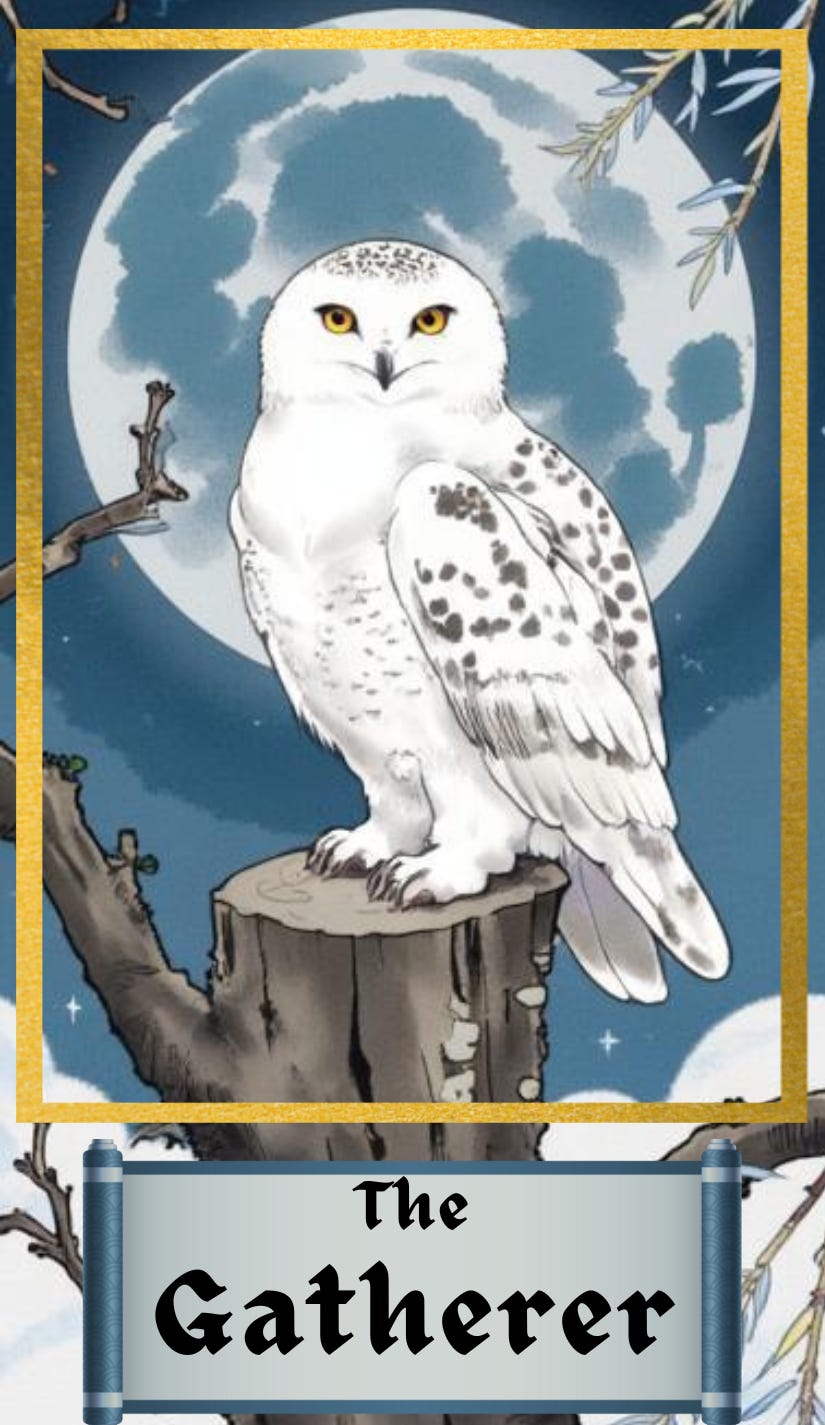 Ink sketch of a snow owl perched on a stump with a full moon behind and against a deep blue night sky, labeled "The Gatherer." This image represents one of six AuthorKind Archetypes created by JL Tooker, illustrating a writer's or creative's journey. Rendered in blues and beiges, the artwork is framed in gold, evoking the style of a tarot card.