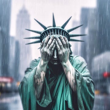 Urban Dystopia: the Statue of Liberty Crying with Her Face Covered by ...