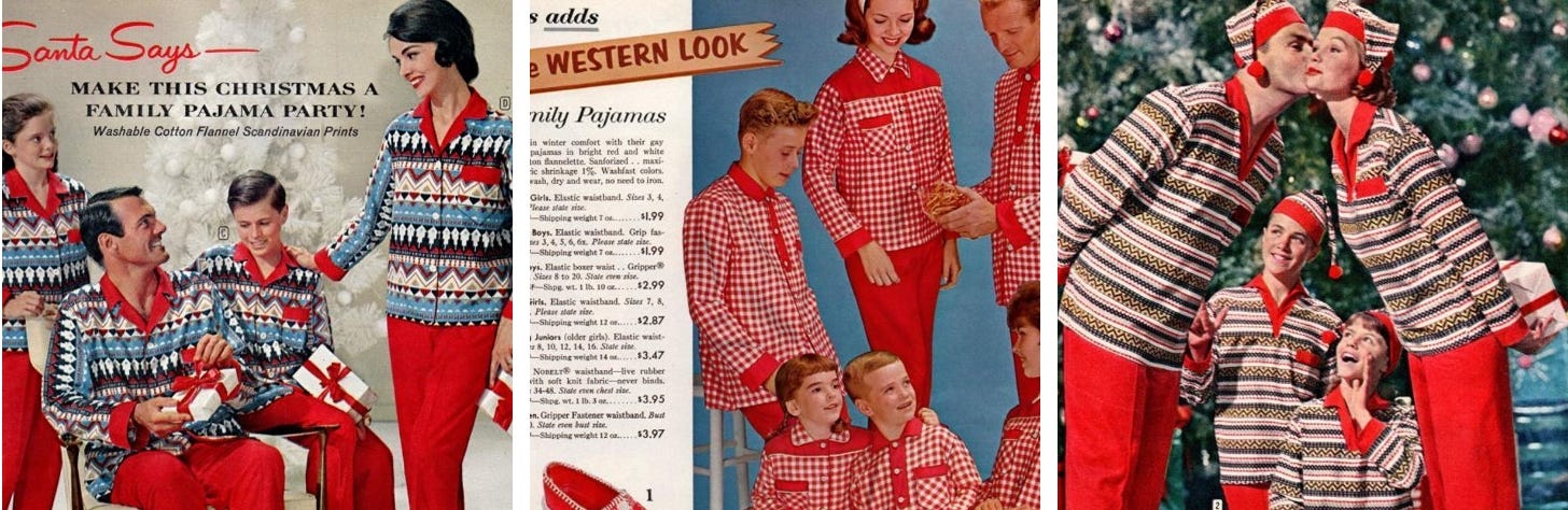 1960s families wearing matching Christmas pajamas in Nordic and Western styles