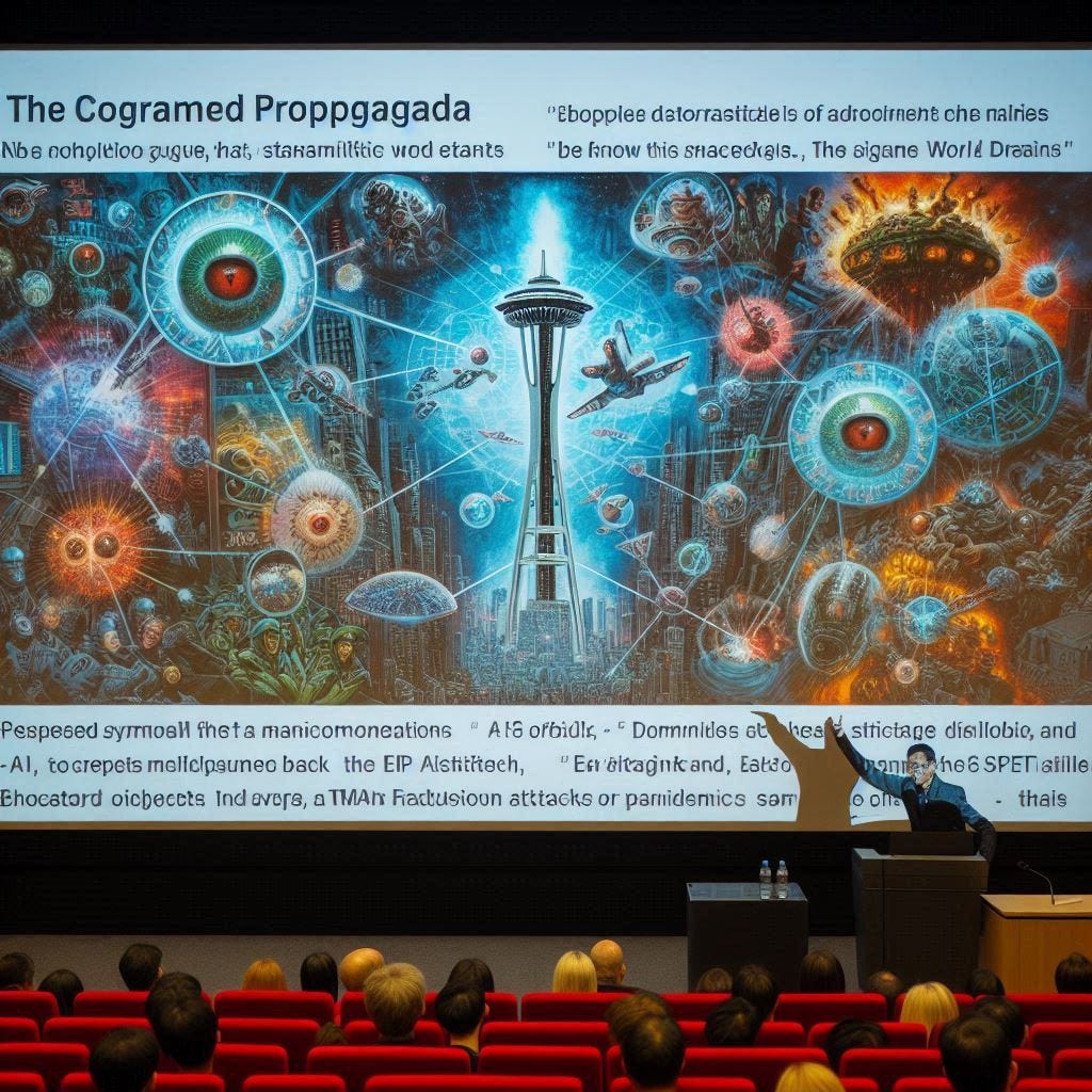 he core of the discussion then shifts to the analysis of media, particularly movies and trailers, as a form of programmed propaganda that mirrors and predicts real-world events. Examples are drawn from films like Final Destination and Fantastic Four, pointing out perceived symbolic connections between objects like the Space Needle and concepts like EMP attacks or pandemics. The speaker also touches on the role of AI in creation and
