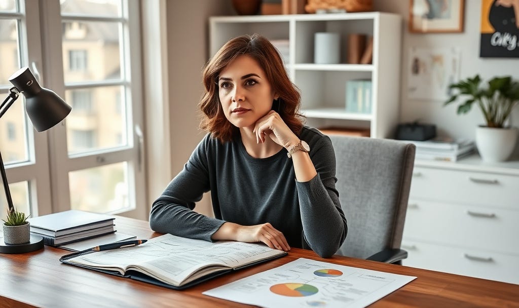 Empowered woman in home office at wooden desk, chin on hand in thought, open notebook with colorful mind maps, , subtle glowing neural pathways and brainwave patterns on wall as art, warm lighting, bookshelves in background – illustrating introspection and resilience for adult ADHD in women