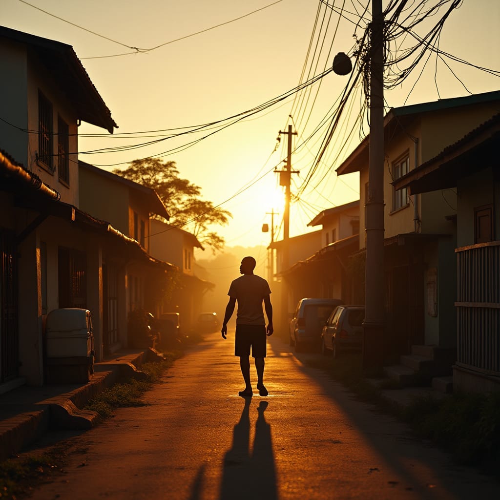 Vibrant Jamaican community, bathed in warm, golden light, with deep shadows and subtle film grain