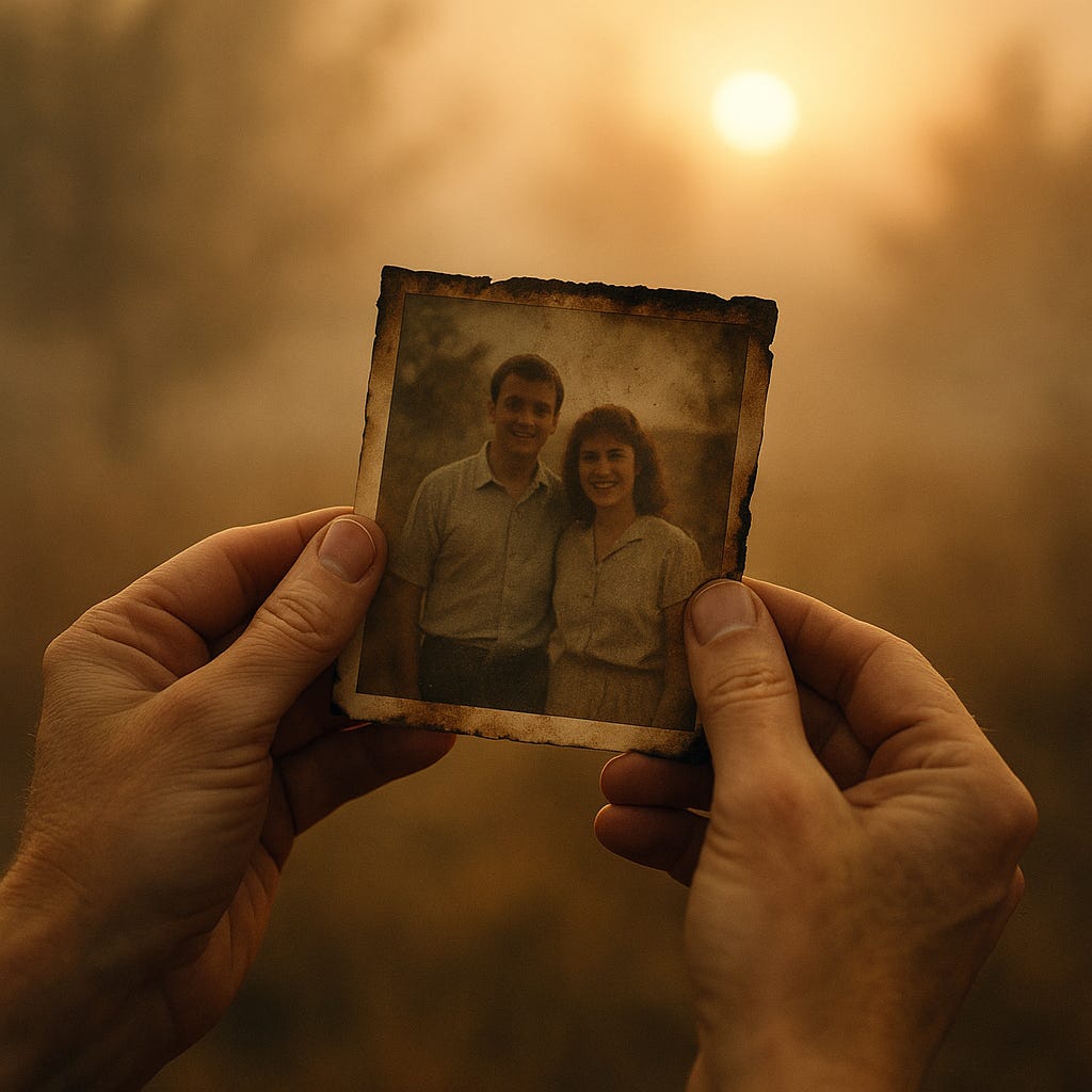 Hands holding a slightly smoke-stained photograph in soft morning light, symbolizing loss, faith, and renewal.