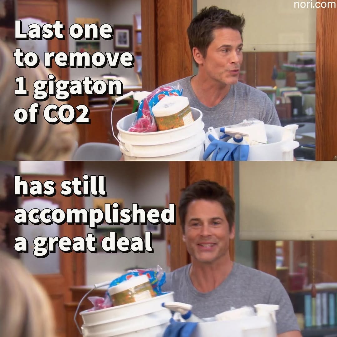 Two stills of Rob Lowe as Chris Traeger holding a cleaning bucket. "Last one to remove 1 gigatonne of CO2" / "has still accomplished a great deal".