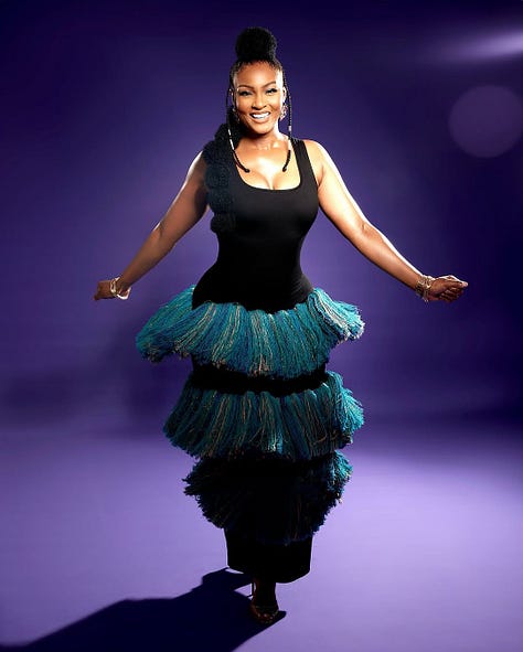 L-R: Mo Abudu in Ciscacecil, Osas Ighodaro in Hertunba ss25, Stephanie Coker in Yeside Laguda, Mimi Onalaja in Isale Eko from Derin, Mimi Yina in Medlin Couture, and Mercy Aigbe in Ejiro Amos Tafiri ss25.
