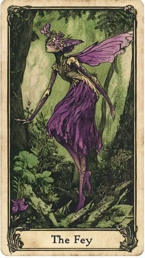 This may contain: the fairy tarot card is shown in purple