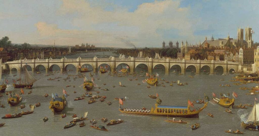 The first Westminster Bridge as painted by Canaletto in 1746