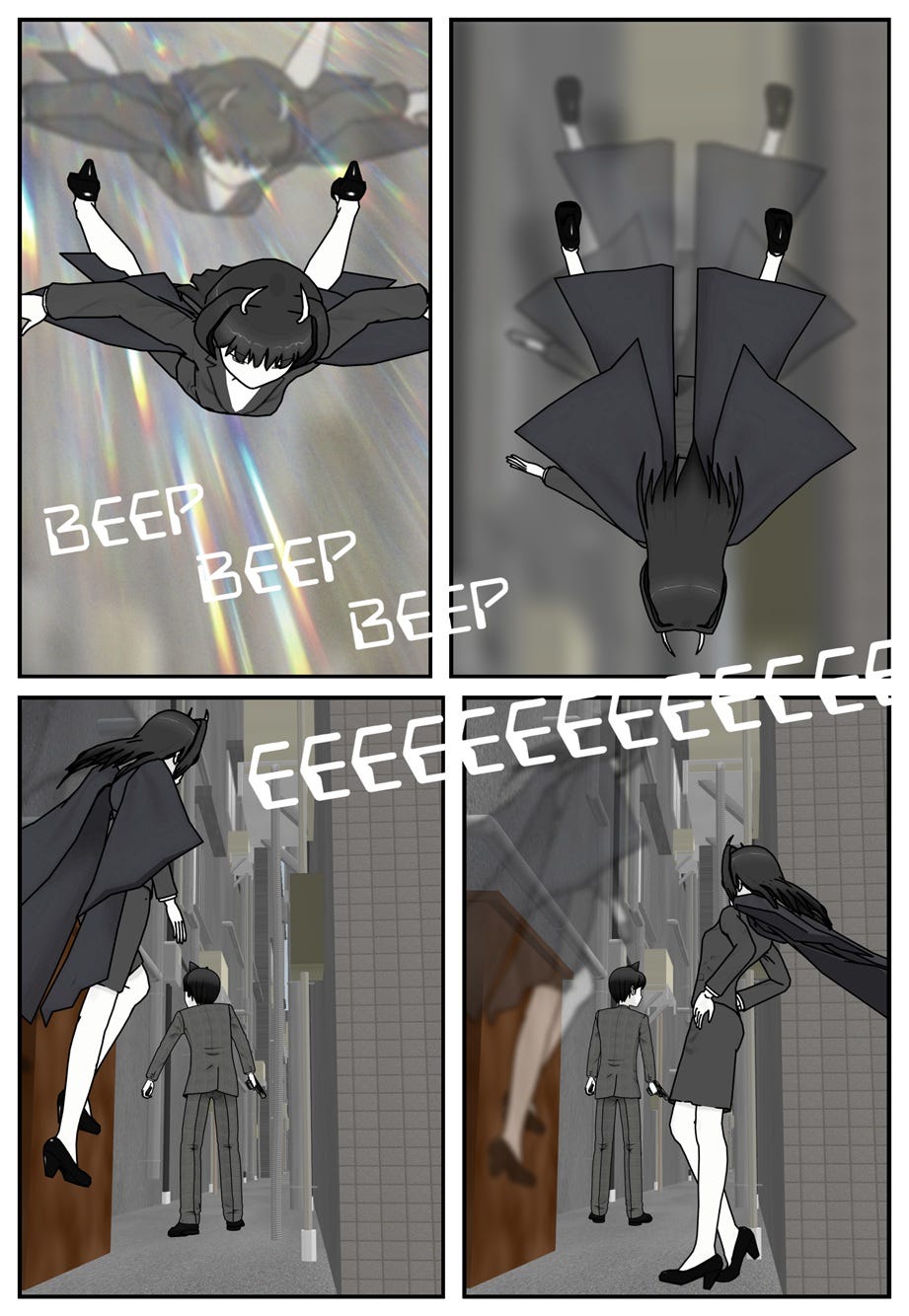 An ethereal, cloaked female figure drops from the sky behind Ace as the beeping gets louder and turns to a screeching monotone.