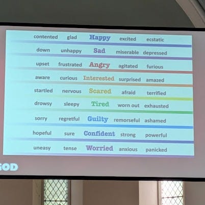 a table showing a list of 45 different emotions