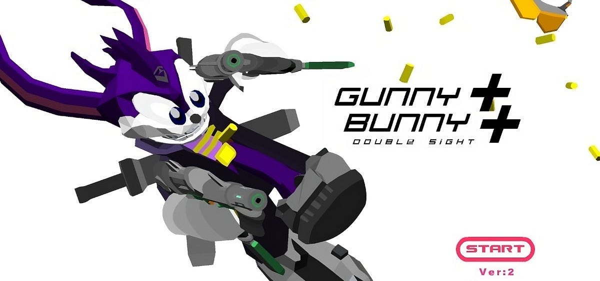 The title screen of Gunny Bunny++, depicting the title character wearing a trench coat and shooting guns.