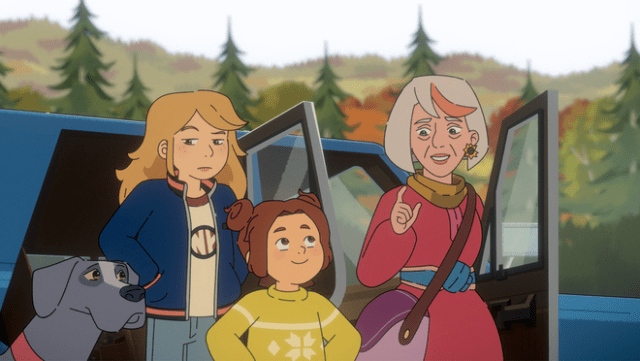 Elvis, Sabrina Grimm (voiced by Ariel Winter), Daphne Grimm (voiced by Leah Newman) and Relda (voiced by Laraine Newman) in “The Sisters Grimm,” premiering October 3, 2025 on Apple TV+.