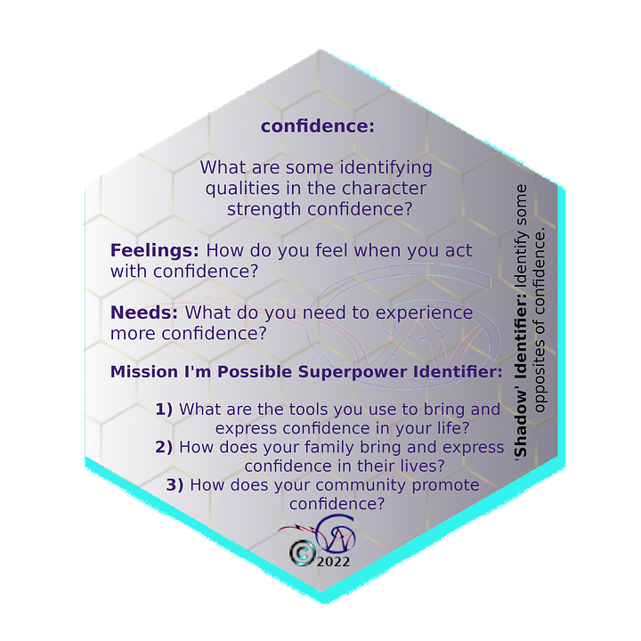 game card, VIA Character Strengths and Virtues, Confidence, Badge, definition and missions for the game SparkITude
