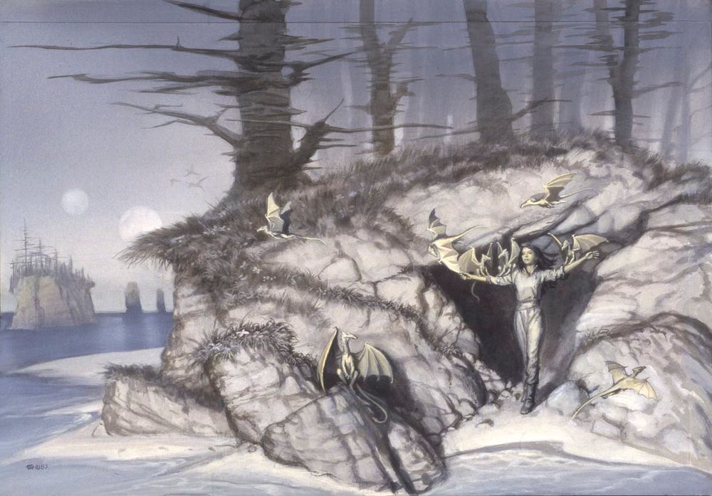 Preliminary concept developed for DRAGONSDAWN featuring a woman emerging from a cave on a small island with her arms out wide and dragons perched there.