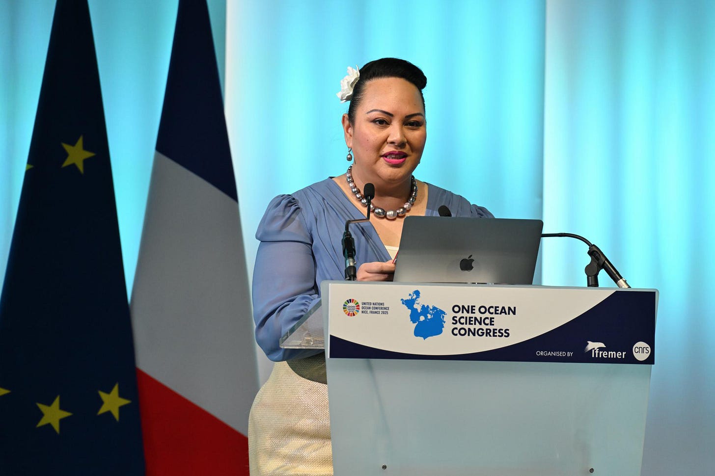 Princess Angelika Lātūfuipeka Tukuʻaho from the Kingdom of Tonga speaks at the One Ocean Science Congress on June 4 ahead of the U.N. Ocean Conference in Nice, France. Credit: Stephane Lesbats/Ifremer Princess Angelika Lātūfuipeka Tukuʻaho from the Kingdom of Tonga speaks at the One Ocean Science Congress on June 4 ahead of the U.N. Ocean Conference in Nice, France. Credit: Stephane Lesbats/Ifremer