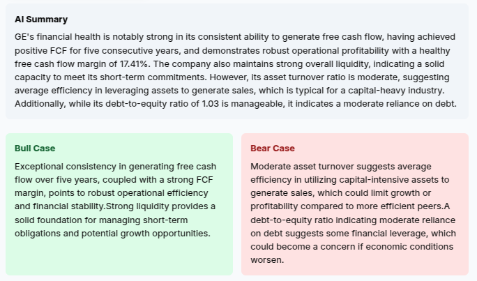 An AI-generated summary of GE Aerospace's financial health, listing the bull case (consistent free cash flow, strong liquidity) and the bear case (moderate asset turnover, reliance on debt).