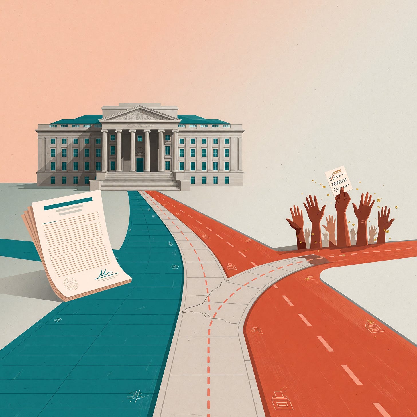 A federal building where the road splits in two: a teal path leading to a signed scientific memo, an ember path leading to a crowd of raised hands casting a vote.