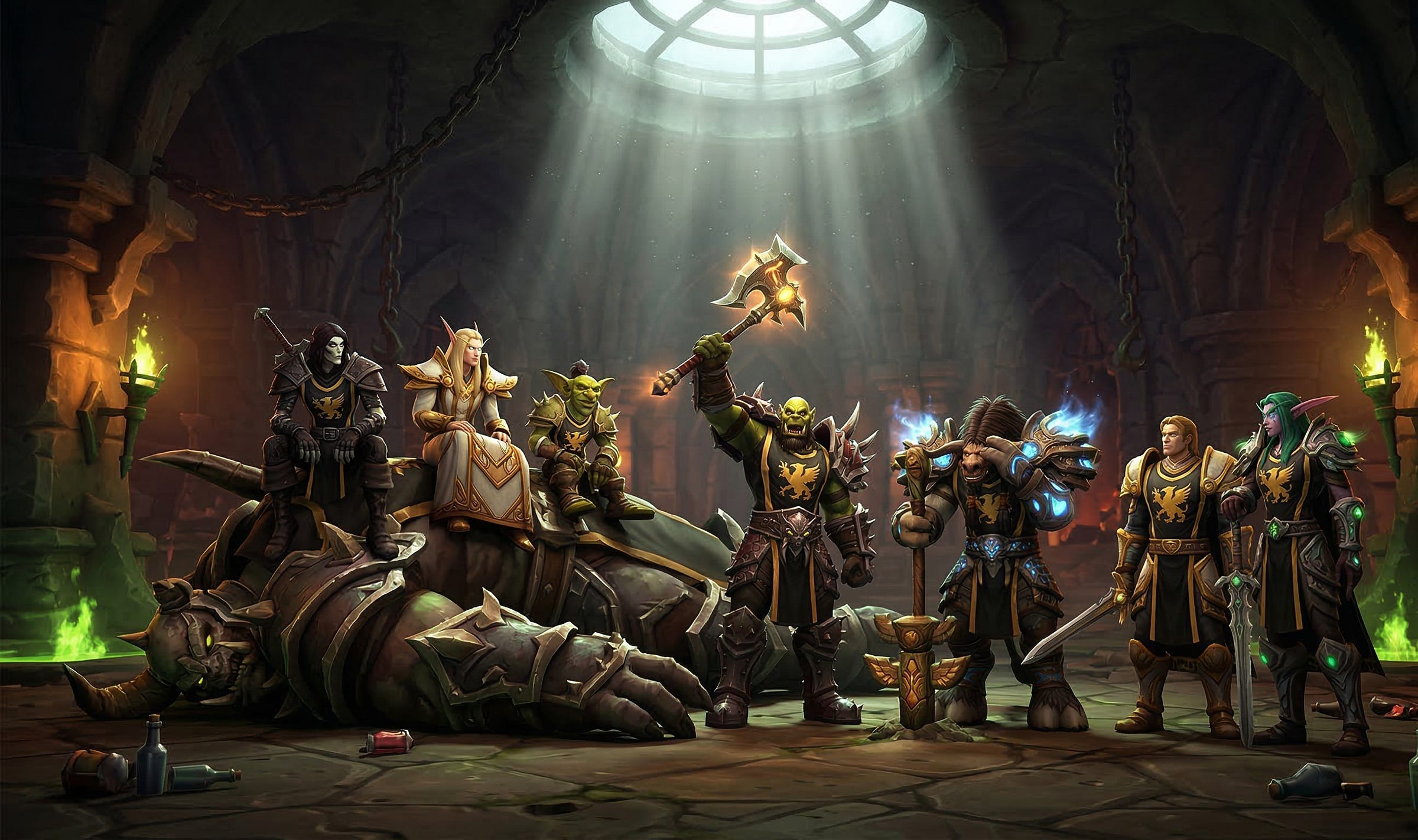 A broad group of armored fantasy characters standing over a defeated boss in a stone dungeon lit by a circular skylight, weapons raised in victory