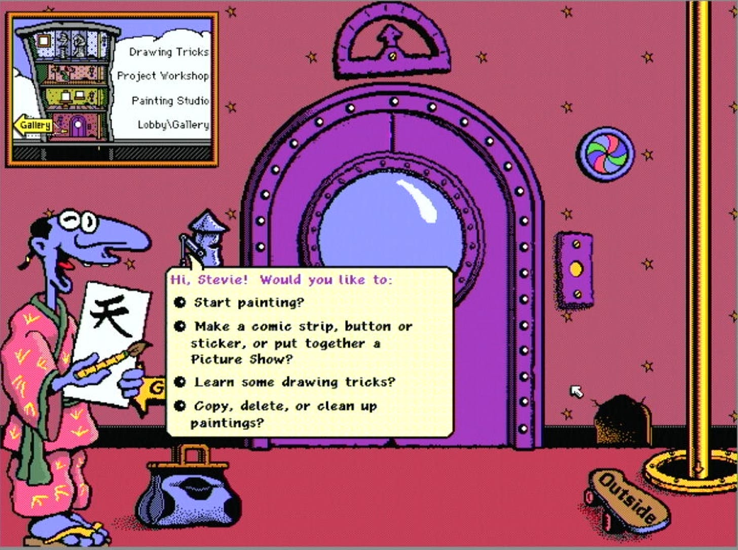 Microsoft Fine Artist. Showing McZee with a talk bubble asking if you'd like to start a painting, make a comic strip, learn some tricks, copy/delete or clean up paintings. Microsoft Fine Artist. Showing McZee with a talk bubble asking if you'd like to start a painting, make a comic strip, learn some tricks, copy/delete or clean up paintings.