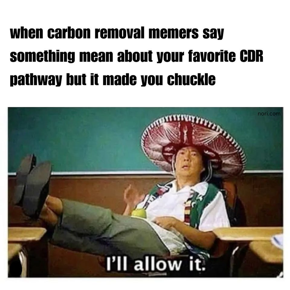 "when carbon removal memers say something mean about your favorite CDR pathway but it made you chuckle" above Señor Chang from Community leaning back with his feet on a desk, wearing a sombrero, saying "I'll allow it."