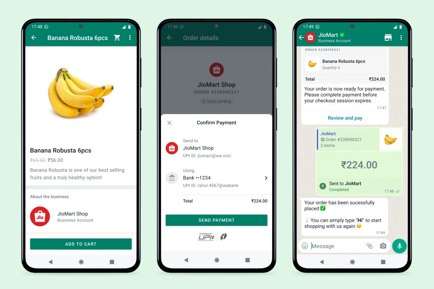 An image showing the payment screen on JioMart within WhatsApp.