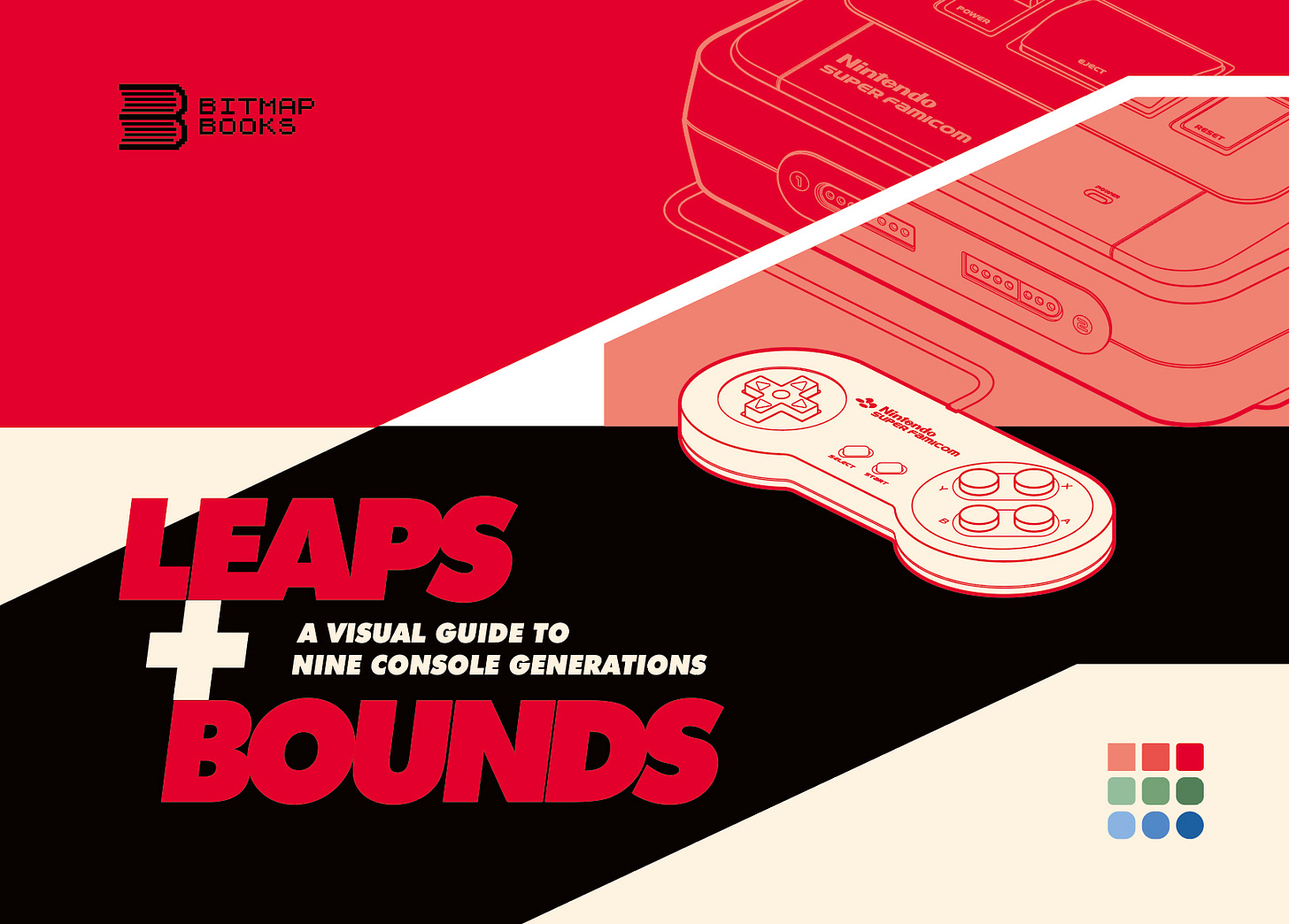 Book cover of Leaps + Bounds: A Visual Guide to Nine Console Generations by Bitmap Books. The design features a bold, retro-inspired layout with red, black, cream, and tan color blocks. A stylized illustration of a Nintendo Super Famicom controller and part of the console appears in red outline. The title is displayed in large red and cream text in a dynamic, angular font. A small grid of colorful squares near the bottom right hints at the various eras and styles explored within.