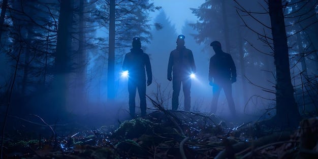 Three men with flashlights searching in a foggy forest at night Concept  Adventure Mystery Nighttime Exploration Foggy Forest Flashlight Searching |  Premium AI-generated image