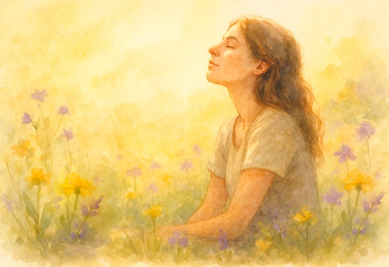 Watercolor painting of a woman sitting peacefully in a sunlit meadow, eyes closed and surrounded by wildflowers, symbolizing healing, self-care, and peace after leaving toxic relationships.