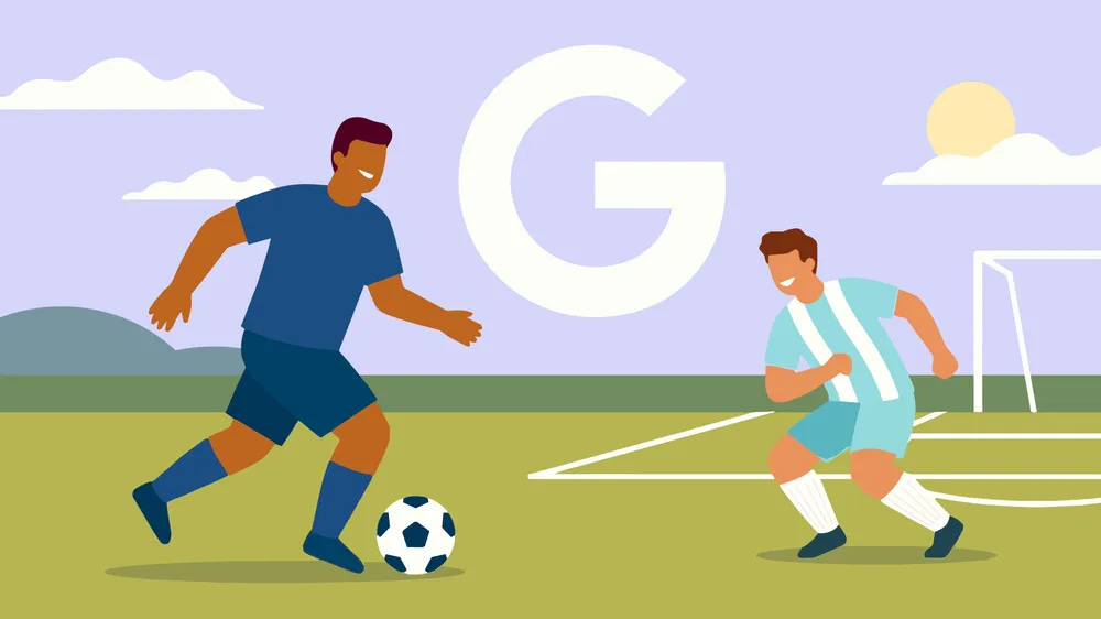 graphic of two soccer players, one in a dark blue uniform and one in a light blue and white striped uniform, playing on a pitch with a large white Google 'G' in the sky behind them