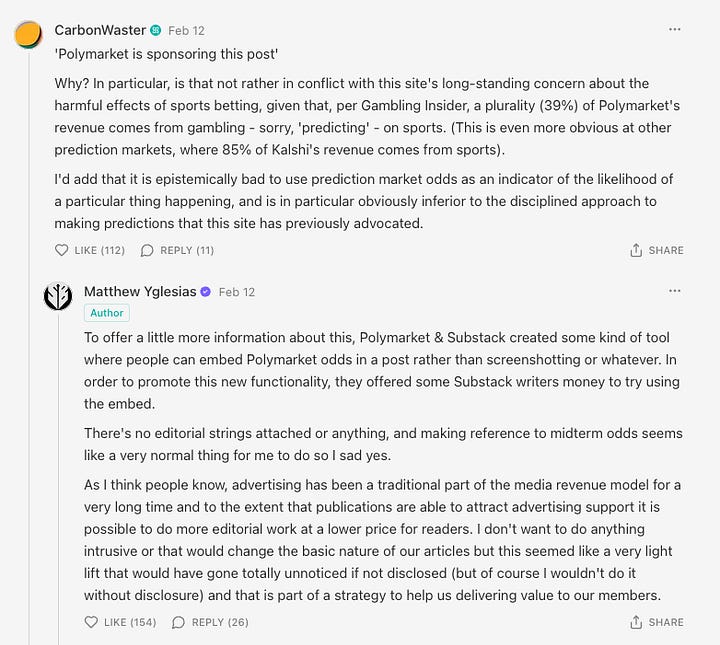 Slow Boring subscribers react to Yglesias's heel-turn on online gambling. 
