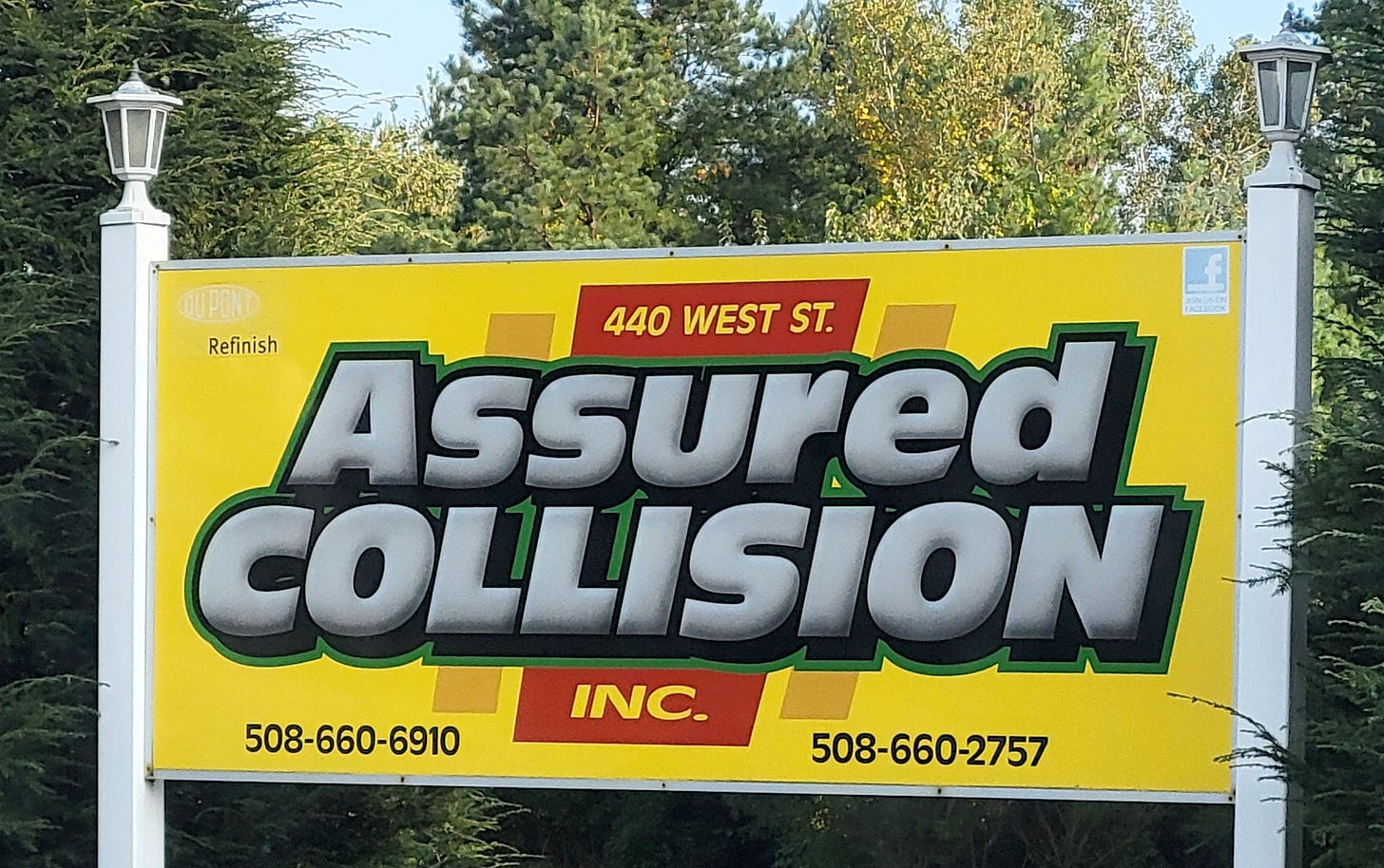 Assured Collision sign in Antique Olive Nord