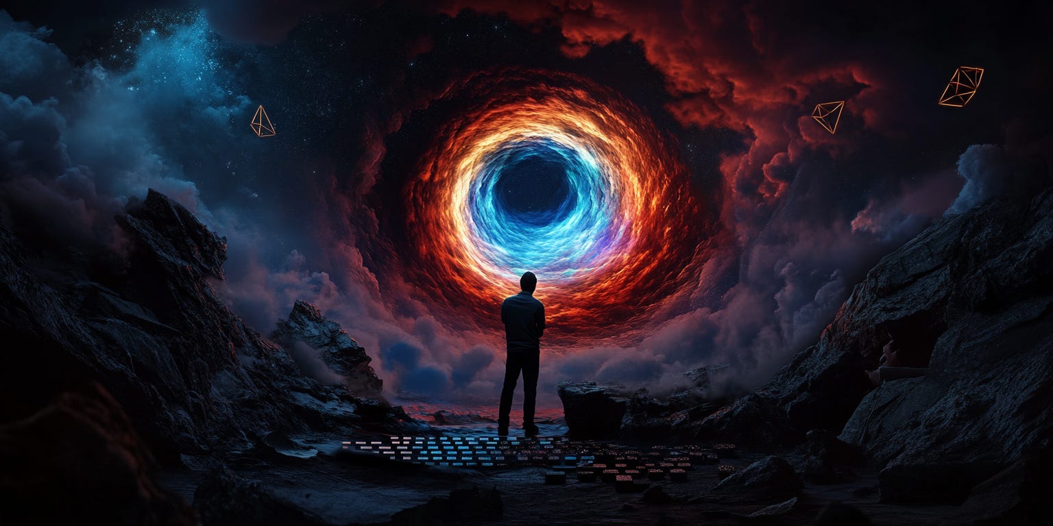 A surreal digital illustration showing a person metamorphosing from a silhouette hunched over a computer keyboard into a larger, more confident figure standing tall.