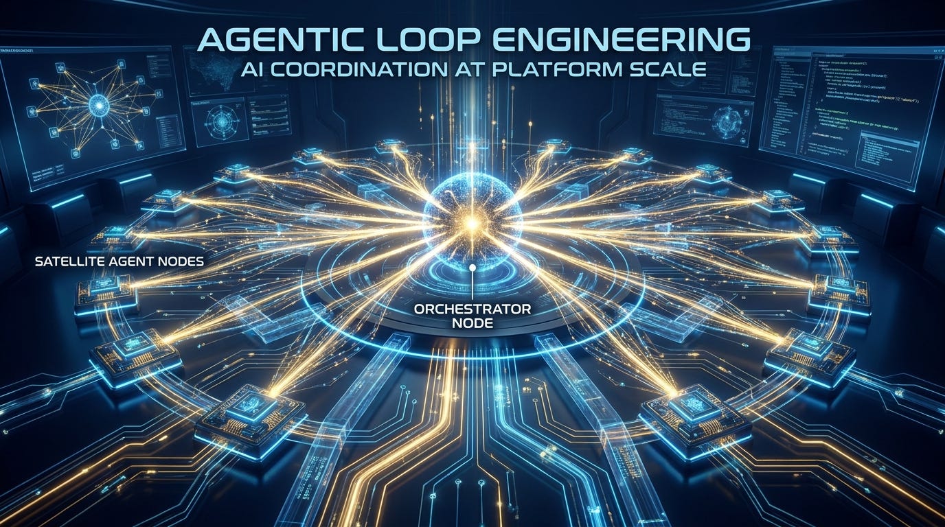 Claude Managed Agents AI orchestration: futuristic control room with a central coordinator node radiating data streams to satellite AI Agents nodes
