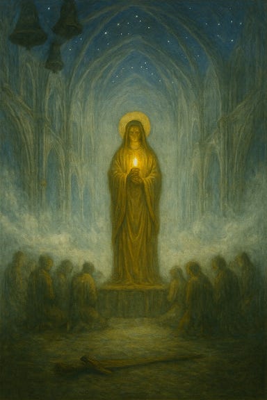 A surreal and haunting fantasy scene inspired by Clarion's dream. The mist parts to reveal an endless cathedral stretching into the distance, its vaulted ceiling open to a night sky filled with stars. The architecture is grand and ancient, with towering columns and shadowed alcoves. At the center stands Clarion herself, robed in shimmering gold, illuminated by starlight. She holds a flame that never burns—glowing softly in her hands without smoke or heat. Before her, kneeling in reverent silence, are blurred figures representing those she could not save. Their faces are indistinct but familiar, evoking sorrow and memory. The atmosphere is solemn and mystical, with a single bell toll echoing in the silence. The color palette includes deep blues, silvers, and golds, with mist swirling at the edges of the scene.