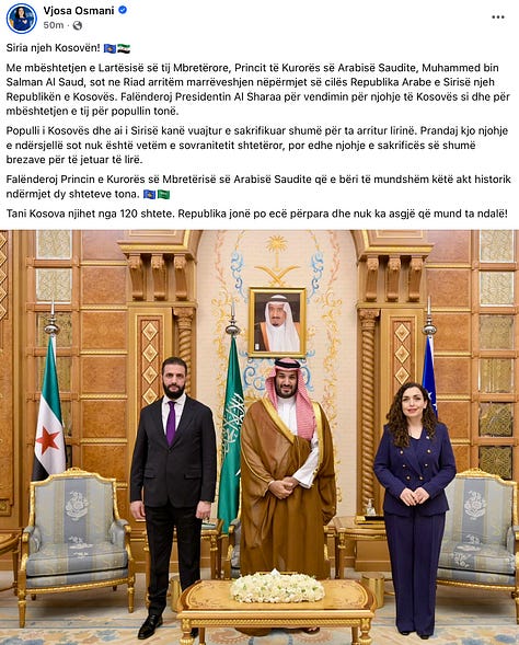Syrian MFA, Saudi MFA and Kosovan president Vjosa Osmani's Social Media Posts on Oct 29, 2025.