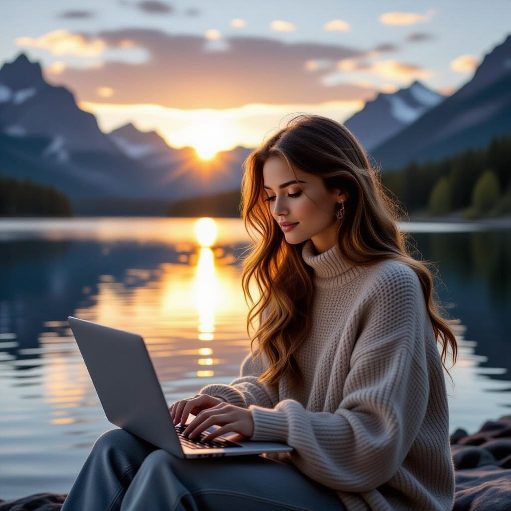 "A breathtaking photographic masterpiece shot in 8K resolution featuring a beautiful young woman with flowing hair sitti...